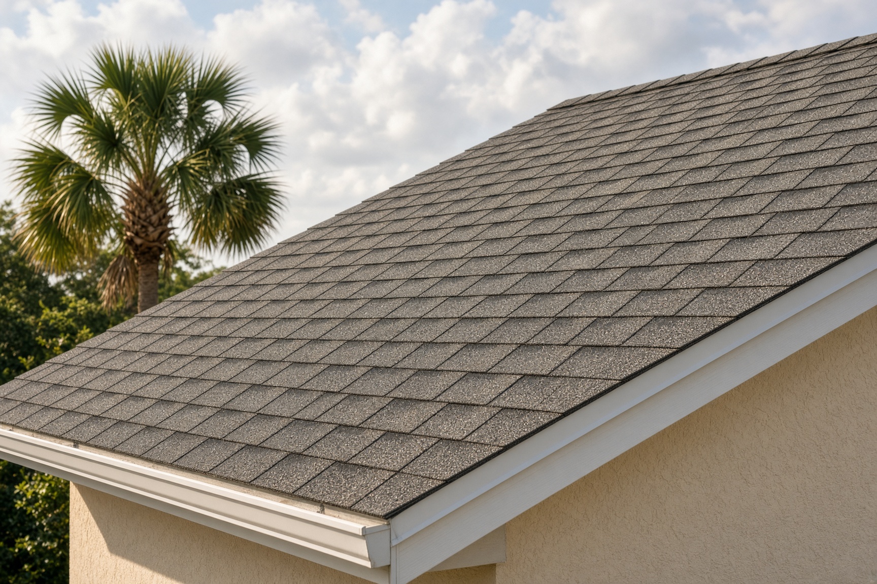 Gray 3-tab asphalt shingles on a Florida stucco house, with a palm at the eave